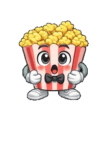 Surprised popcorn mascot discovering great movies