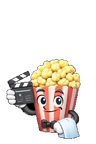 Popcorn mascot with a movie clapperboard