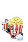 Happy popcorn mascot with a drink