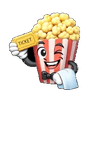 Popcorn mascot holding a movie ticket